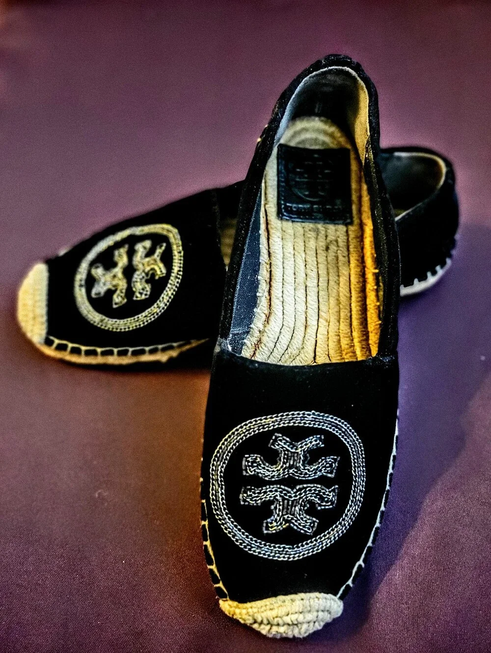 Stunning Tory Burch Black Velvet Espadrilles with Silver Embroidered Logo